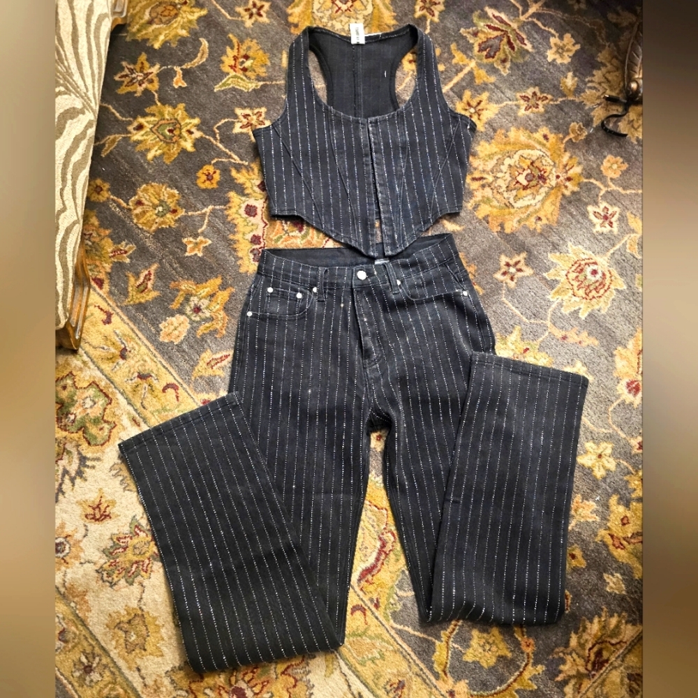 Denim 2 piece set with sparkle jeans & cropped vest.  Size Medium